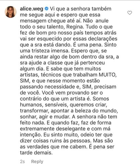 Alice Wegmann critica falas de Regina Duarte