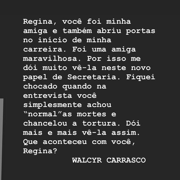 Walcy Carrasco manda recado para Regina Duarte