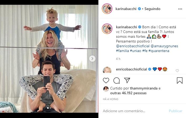 Karina Bacchi mostra momento fofo com Amaury Nunes e Enrico