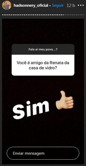 Ex-BBB Hadson Nery diz que é amigo de Renata Furtado e ex-Casa de Vidro nega