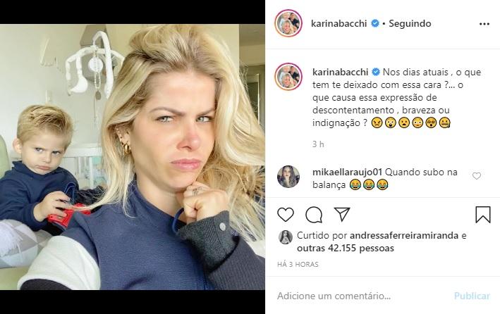 Karina Bacchi e Enrico aparecem com cara de bravos nas redes