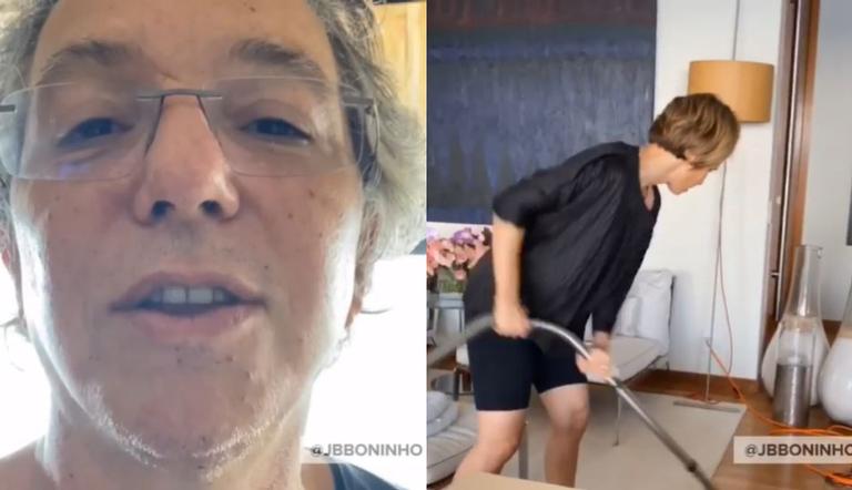 Boninho resolveu fazer uma brincadeira com Ana Furtado enquanto ela fazia faxina na casa