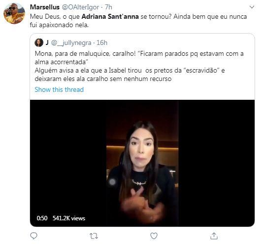 Adriana Sant'Anna gera polêmica ao comparar escravidão com zona de conforto