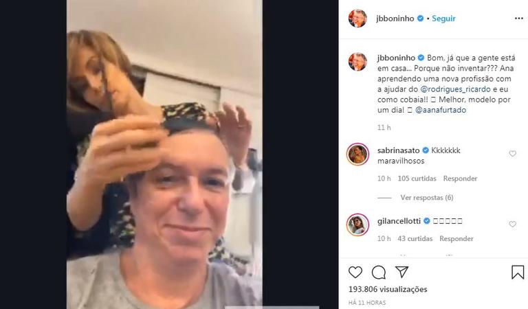 Ana Furtado corta o cabelo do marido, Boninho