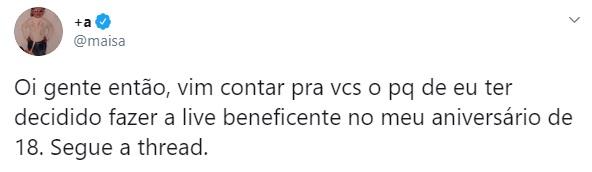 Maisa anuncia live beneficente em seu aniversário de 18 anos