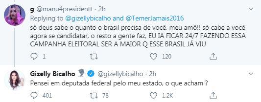 Gizelly Bicalho defende fãs e cogita carreira na política