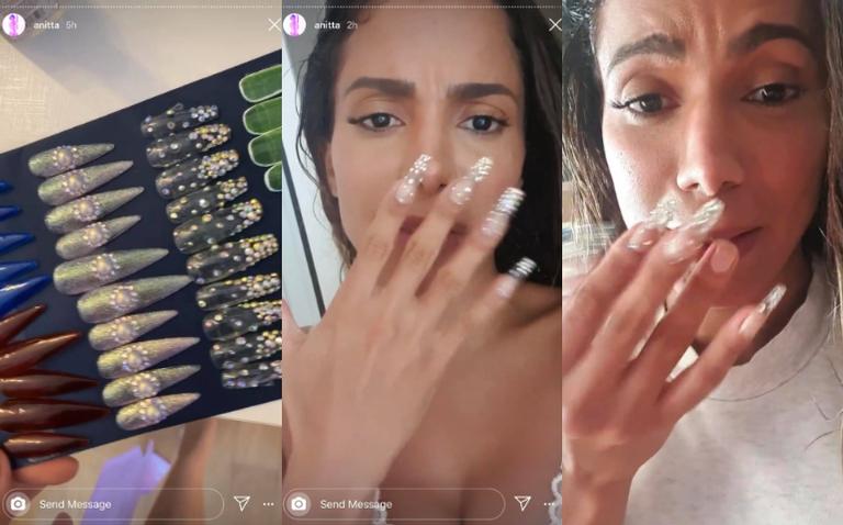 Anitta coloca unhas postiças com super cola e se arrepende