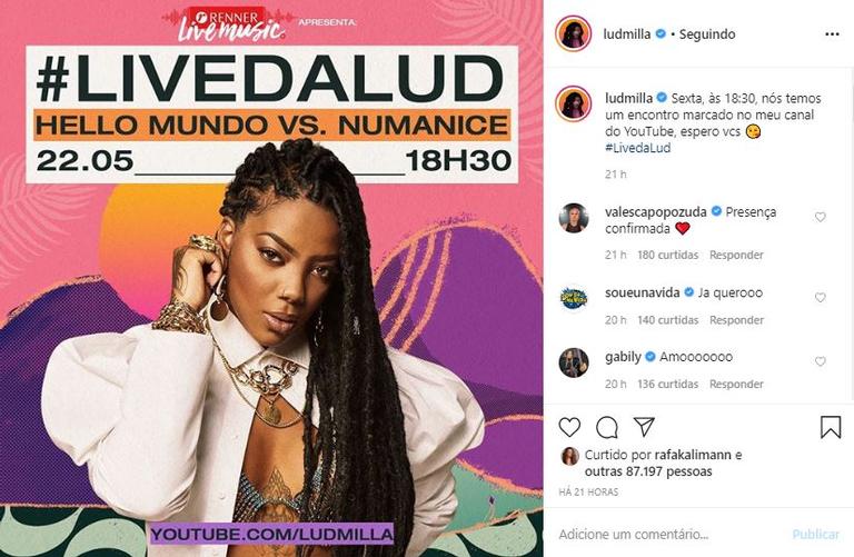 Ludmilla anuncia nova data e horário para a sua live