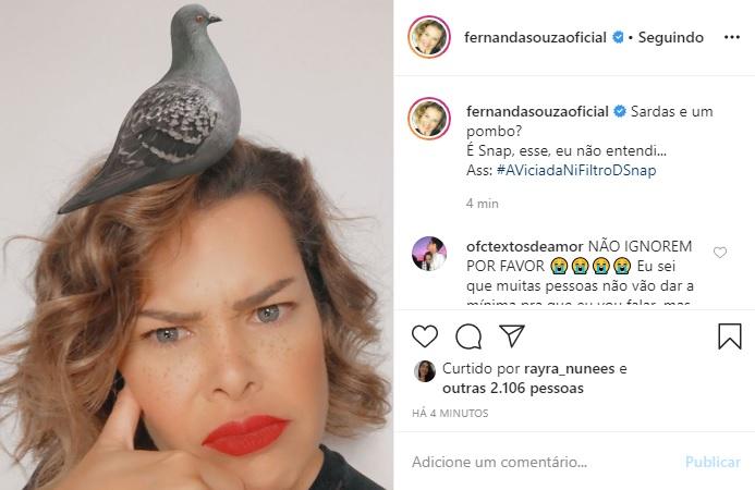 Fernanda Souza publica foto com efeito de pombo na cabeça