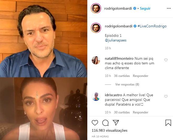 Juliana Paes e Rodrigo Lombardi fazem live juntos e relembram Caminho das Índias