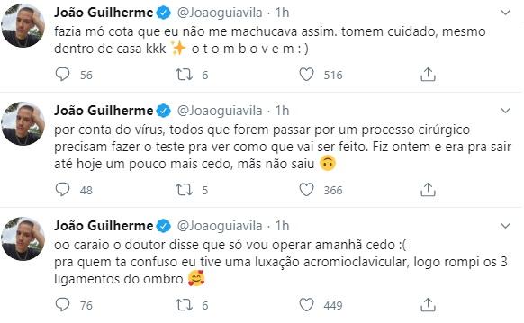 João Guilherme terá que fazer cirurgia após deslocar o ombro