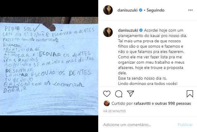 Dani Suzuki mostra planejamento do dia feito por seu filho