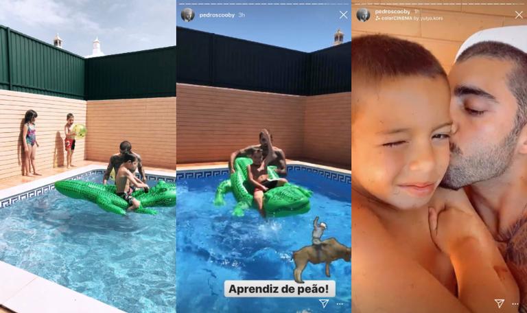 Pedro Scooby se diverte com os filhos em tarde na piscina