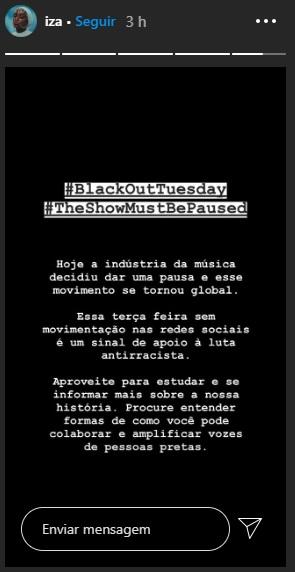 Iza fala sobre blackout nas redes sociais