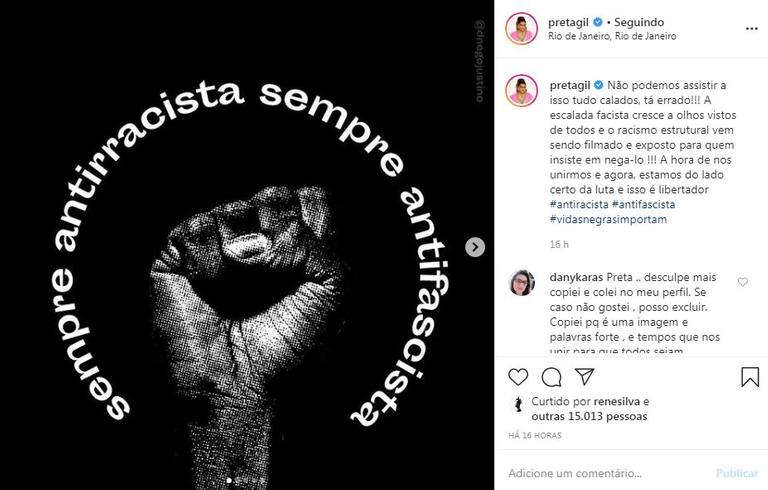 Preta Gil desabafa sobre racismo nas redes sociais