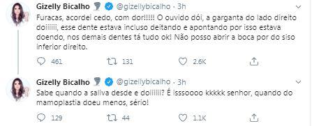 Gizelly Bicalho reclama de dor após extrair dentes do siso