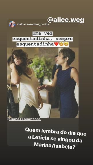 Isabella Santoni relembra cena com Alice Wegmann