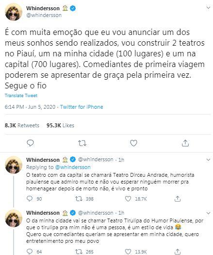 Whindersson Nunes anuncia que construirá dois teatros em Piauí