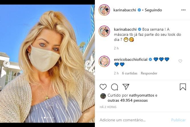 Karina Bacchi posa usando máscara e faz brincadeira na web