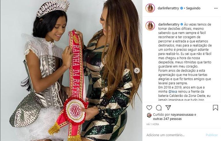 Mãe de Lexa deixa posto de rainha de bateria em escola do RJ