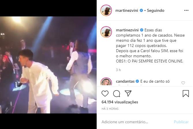 Vinicius Martinez lembra vídeo do casamento com Carol Dantas