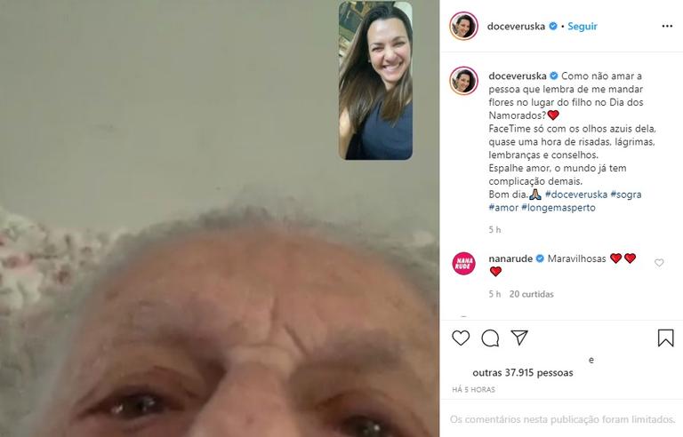 Veruska é surpreendida com homenagem da mãe de Ricardo Boechat no Dia dos Namorados