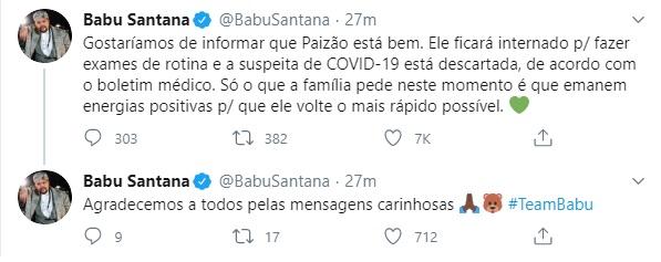 Equipe de Babu Santana traz novas informações de sua saúde