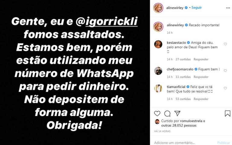 Aline Wirley e Igor Rickli são assaltados e avisam sobre golpe