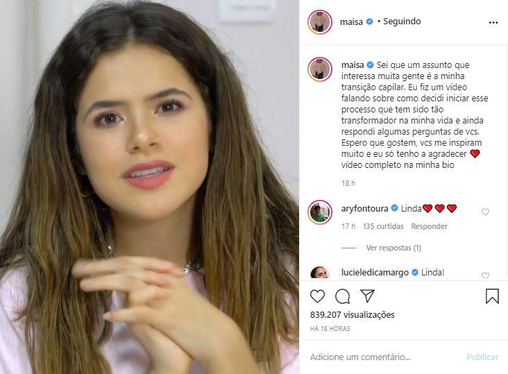 Maisa faz vídeo detalhado sobre a sua transição capilar