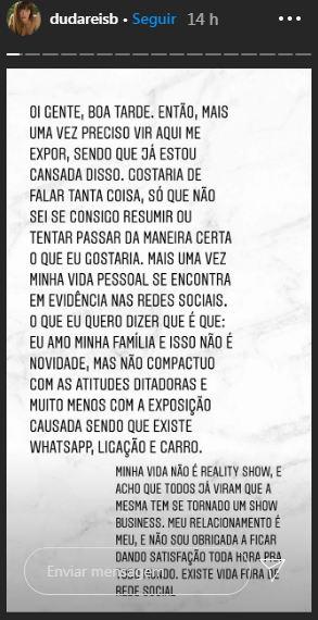 Duda Reis se pronuncia após polêmica com o pai