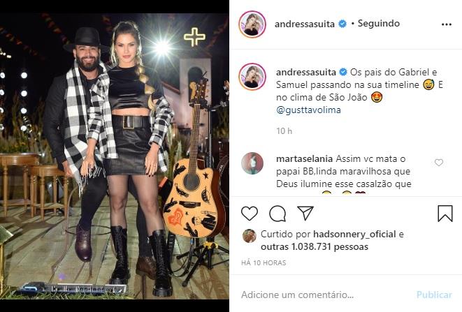 Andressa Suita e Gusttavo Lima posam em clima de São João