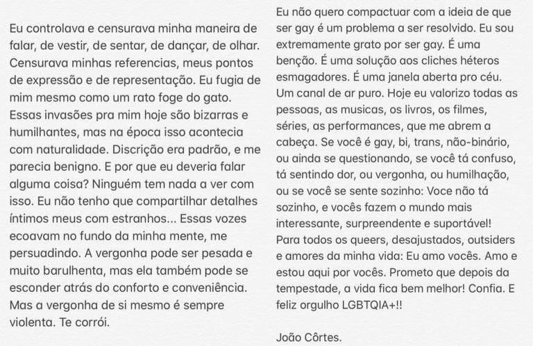 João Côrtes assume ser gay e emociona com desabafo