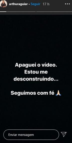 Arthur Aguiar apaga vídeo com seu pronunciamento