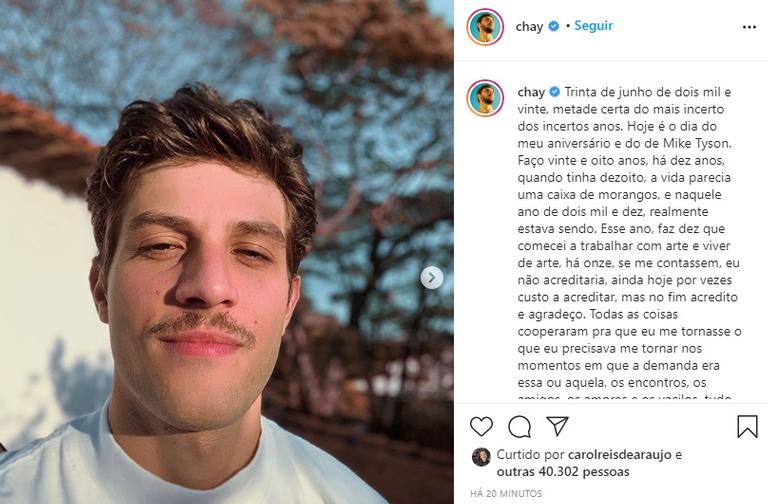 Chay Suede completa 28 anos e faz reflexão sobre sua vida