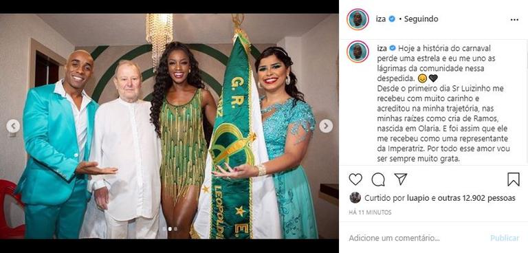 Iza lembrou com carinho de Luizinho Drumond, presidente da Imperatriz Leopoldinense 