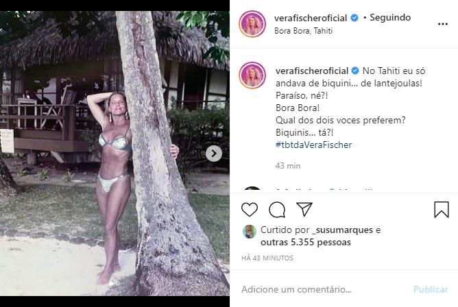 Vera Fischer relembra cliques de biquíni no Tahiti