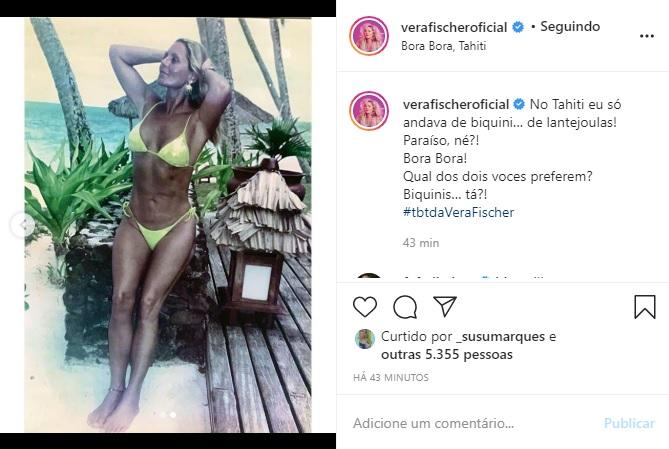 Vera Fischer relembra cliques de biquíni no Tahiti