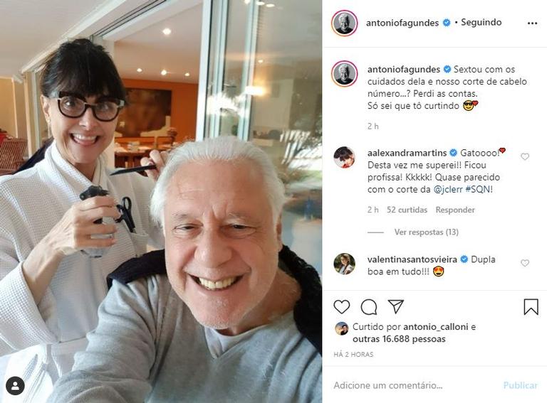 Antonio Fagundes recebe ajuda da esposa para cortar o cabelo