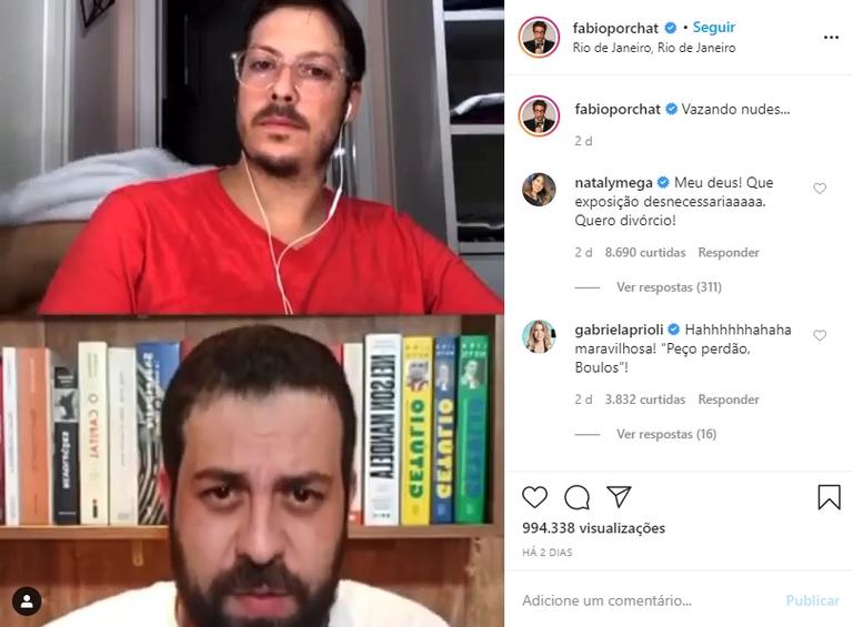 Esposa de Fábio Porchat aparece pelada em live do marido