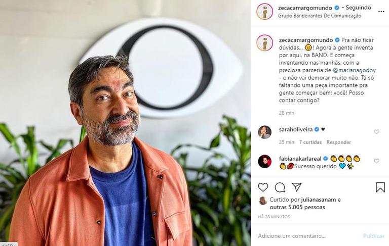 Zeca Camargo posta foto na Band e manda recado