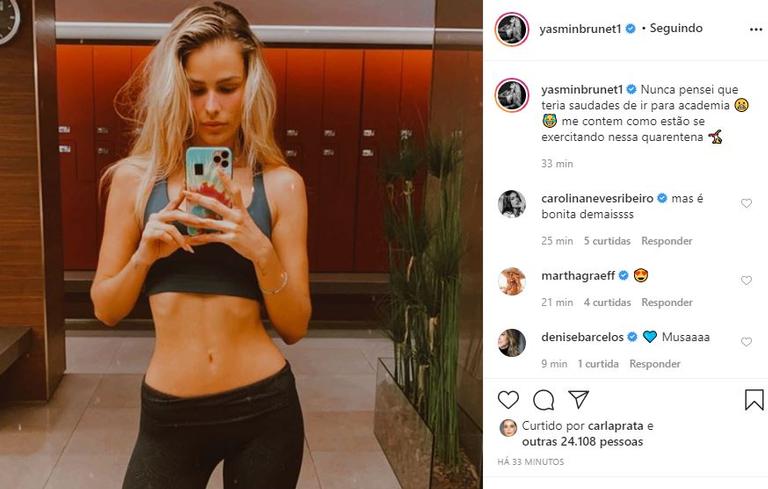 Yasmin Brunet posa com look de academia e revela saudade