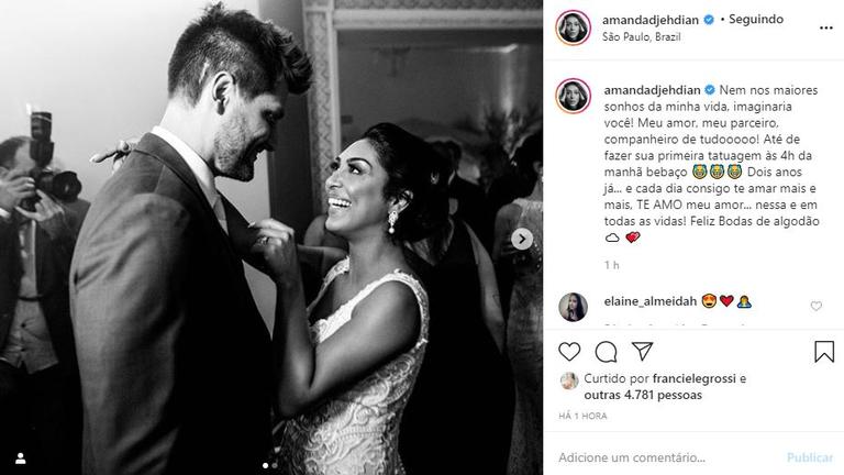 Ex-BBB Amanda Djehdian comemora 2 anos de casada