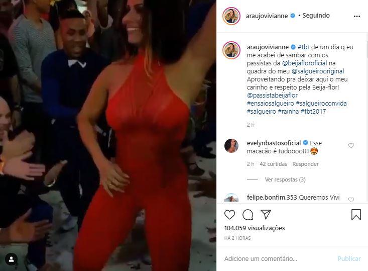 Viviane Araujo relembra ensaio na escola de samba Beija Flor