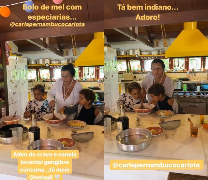 Regina Casé se diverte ao cozinhar com o filho e com o neto