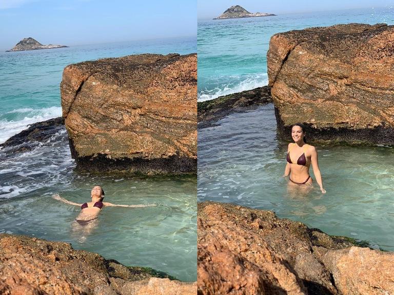 Isabella Santoni esbanja plenitude ao curtir delicioso banho de mar 