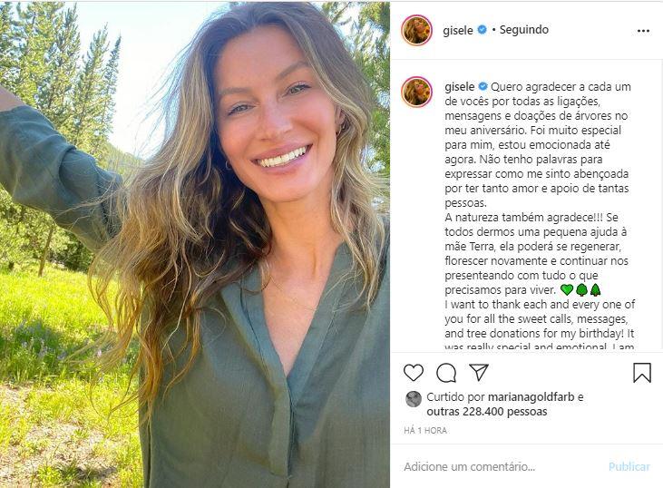 Após fazer 40 anos, Gisele Bündchen agradece pelo carinho