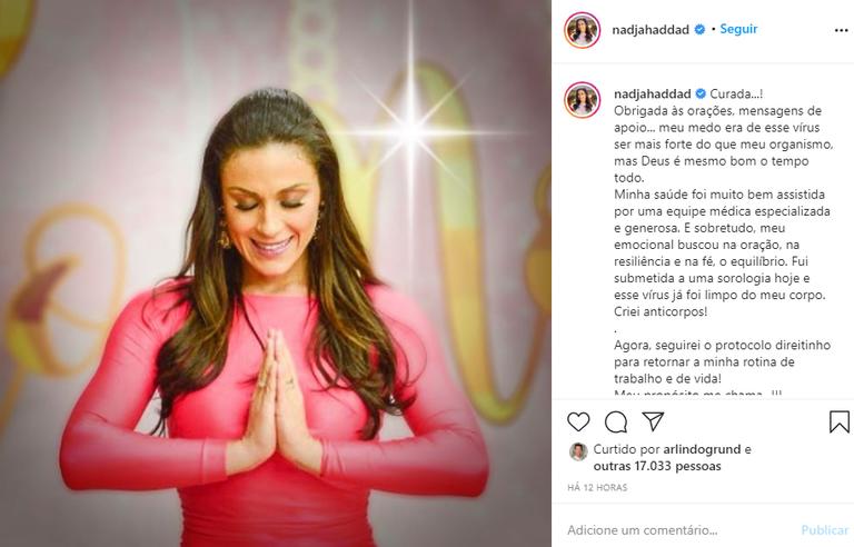 Nadja Haddad revela estar curada do coronavírus