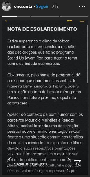 Eric Surita publica nota de esclarecimento após contar que foi expulso de casa 