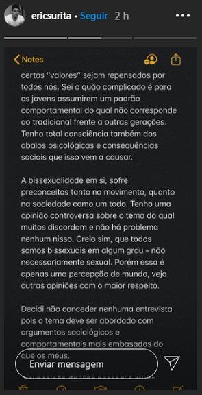 Eric Surita publica nota de esclarecimento após contar que foi expulso de casa 