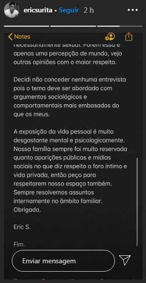 Eric Surita publica nota de esclarecimento após contar que foi expulso de casa 